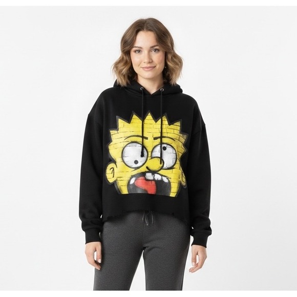 MND GMZ Tops - DNA MND GMZ Bart Simpson Graphic Hoodie M Black Cotton Boxy Cropped Streetwear‎